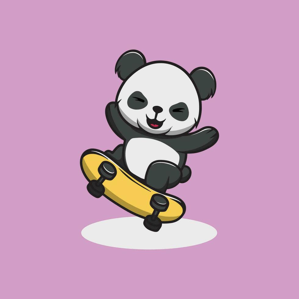 linda panda jugando patineta dibujos animados ilustración vector