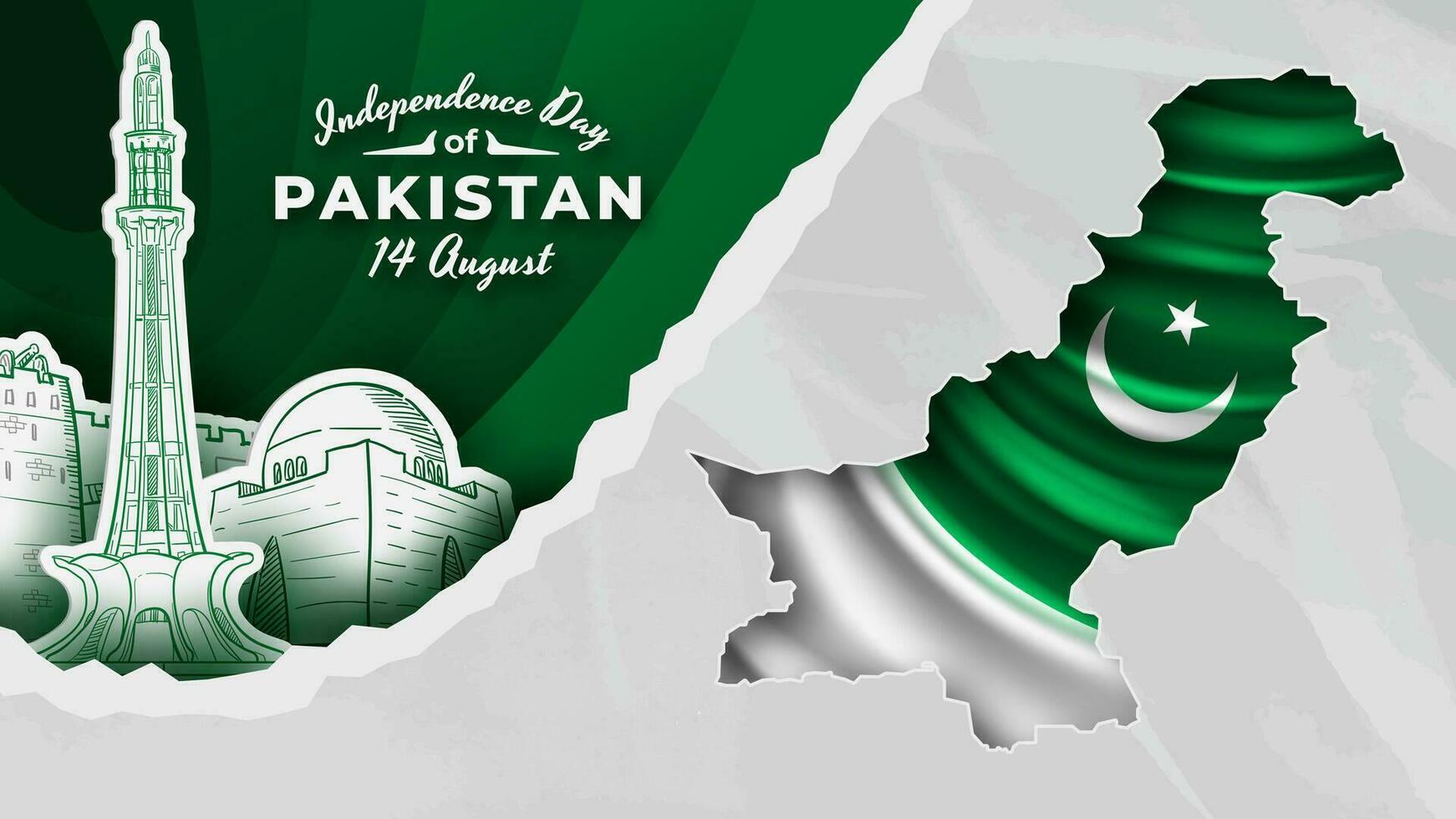 Pakistan Independence Day with Paper Cut Pakistan Landmark and Map Background vector