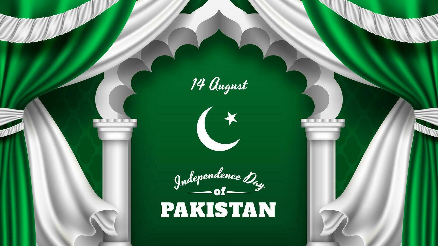 Realistic Green and White Curtain in Pakistan Independence Day Background vector