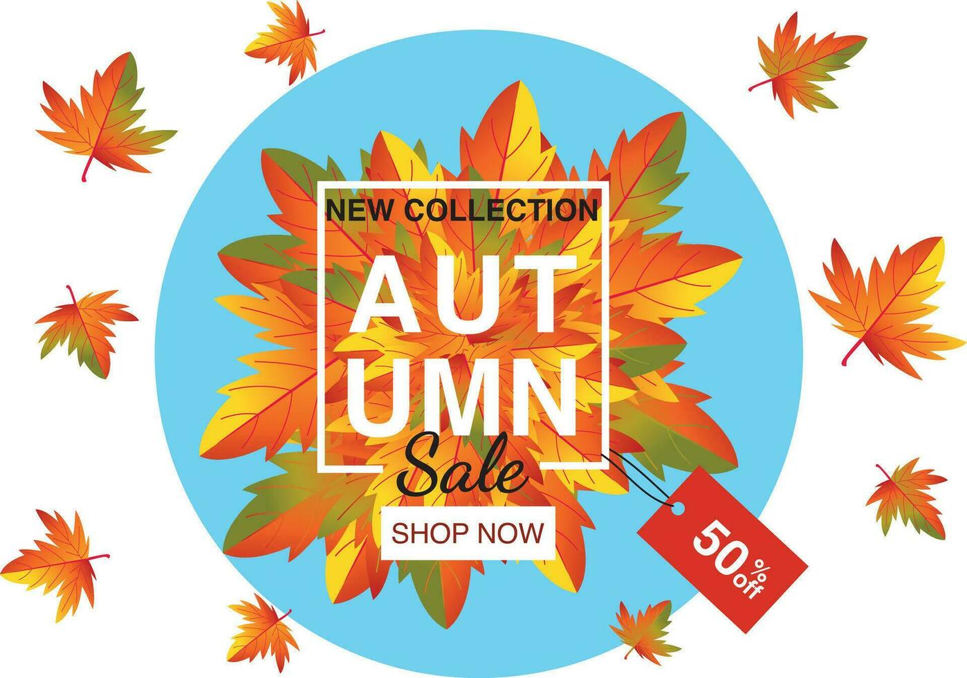 Autumn sale flyer template with lettering. Bright autumn leaves. Poster, postcard, label, banner pattern. Bright geometric background. EPS10 vector illustration