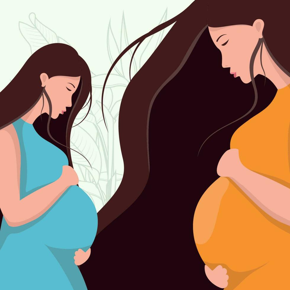 contento embarazada mujer plano diseño ilustración. hermosamente decorado con hojas. vector el embarazo diseño de un madre que lleva su niño