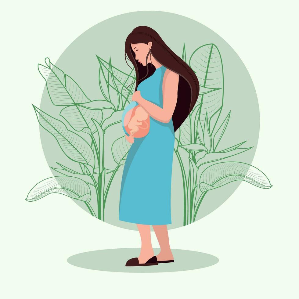 contento embarazada mujer plano diseño ilustración. hermosamente decorado con hojas. vector el embarazo diseño de un madre que lleva su niño