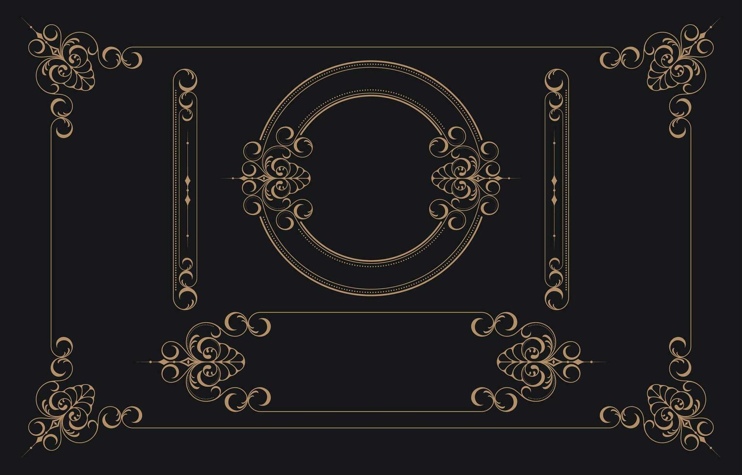 Golden border frame set template with ornamental corner lines and ornament circles inside, vector frame decoration pattern style