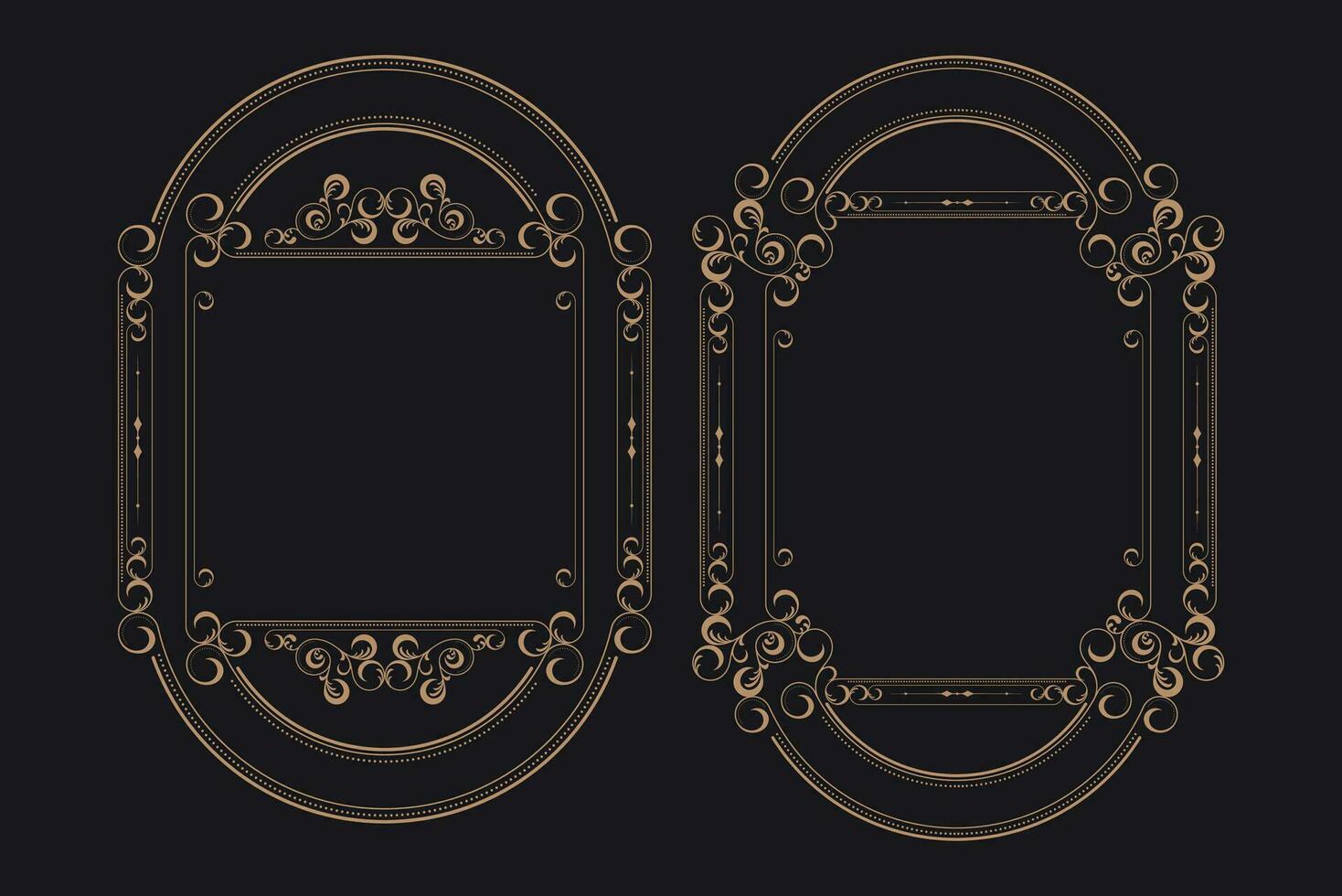 Golden border frame set template with ornamental corner lines, oval or circle shape, vector frame decoration pattern style