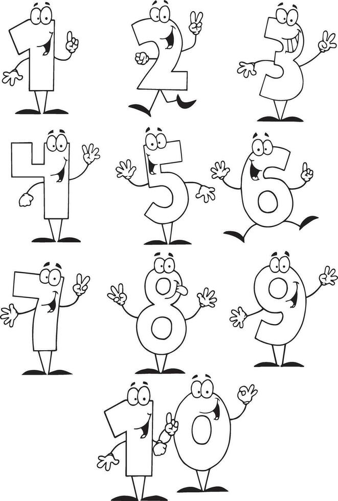 Vector flashcard number 1-10 preschool worksheet black and white outline