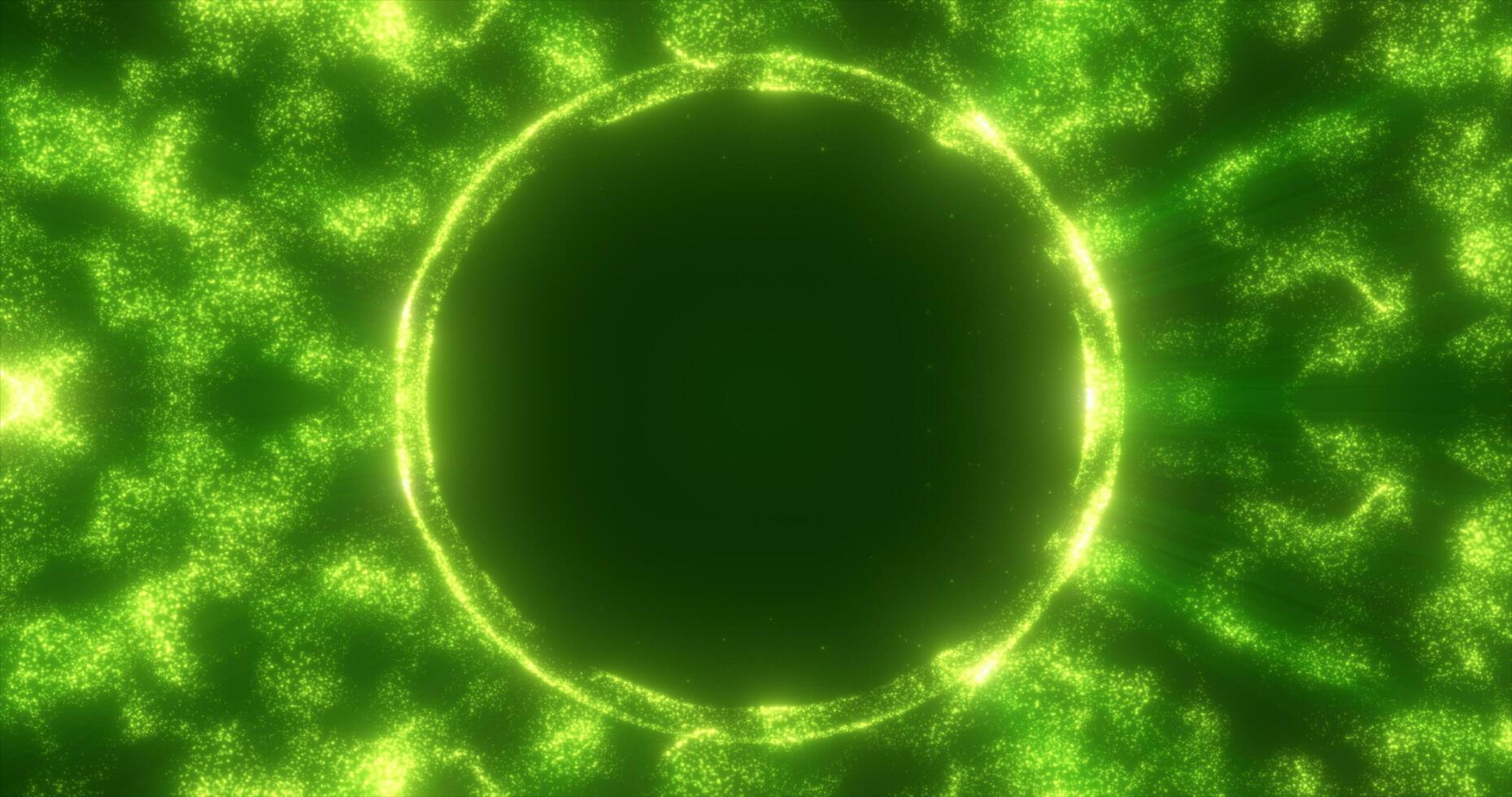 Abstract green background from an energy blue magic ring of a round frame of glowing particles and waves of energy photo