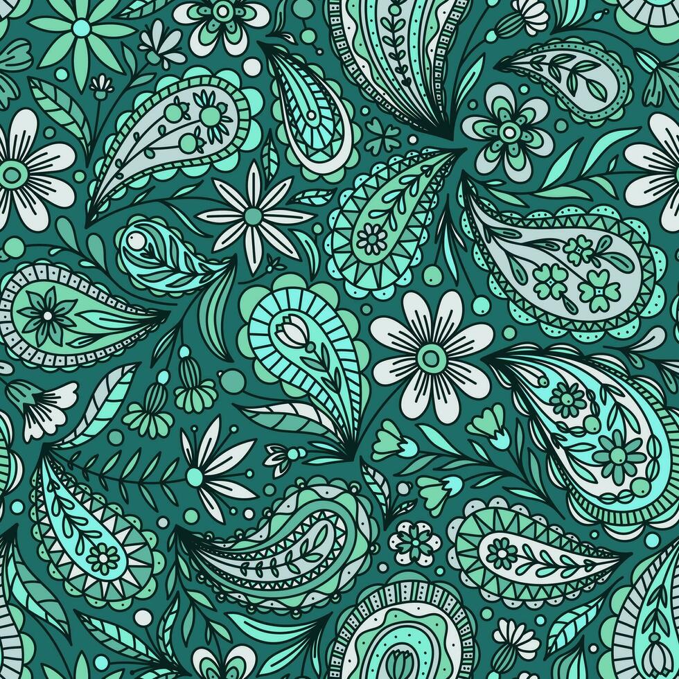 MINT TURQUOISE VECTOR SEAMLESS BACKGROUND WITH MULTICOLORED FLORAL PAISLEY ORNAMENT