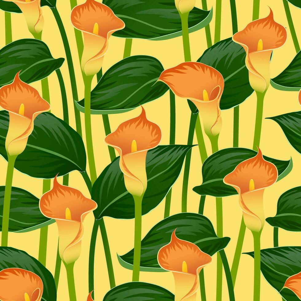 YELLOW VECTOR SEAMLESS BACKGROUND WITH BLOOMING ORANGE CALLA LILIES