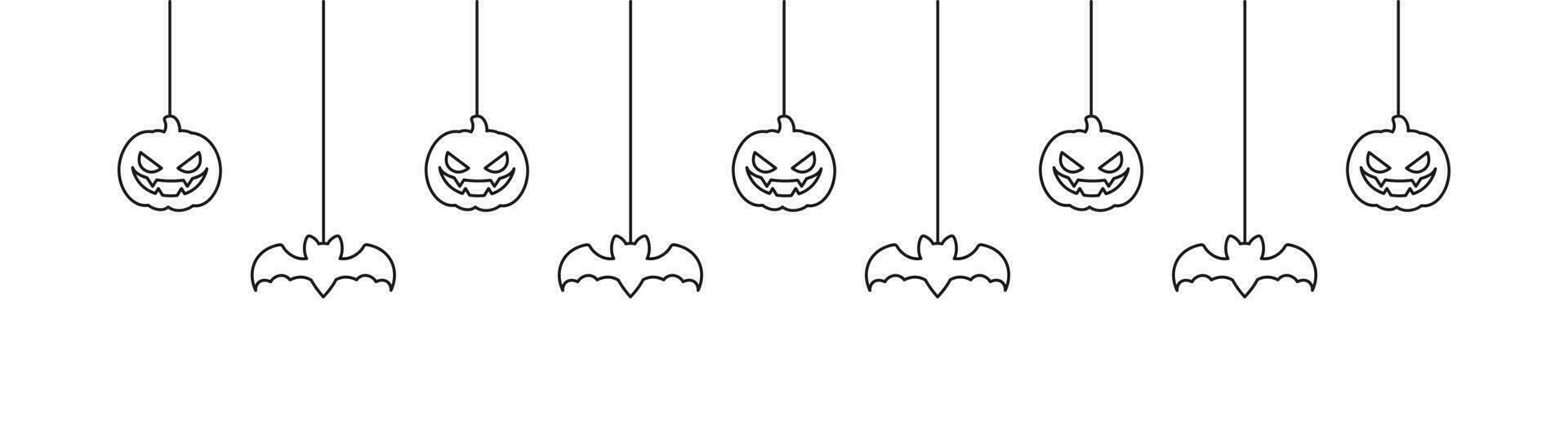 Happy Halloween banner or border with bats and jack o lantern pumpkins outline doodle. Hanging Spooky Ornaments Decoration Vector illustration, trick or treat party invitation