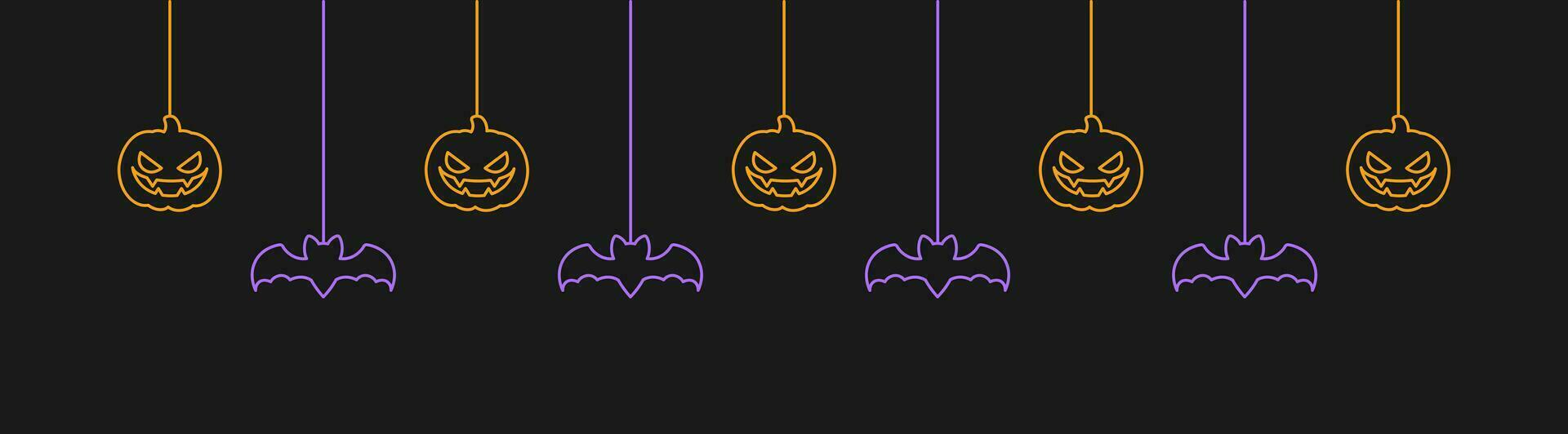 Happy Halloween banner or border with glowing bats and jack o lantern pumpkins. Hanging Spooky Ornaments Decoration Vector illustration, trick or treat party invitation