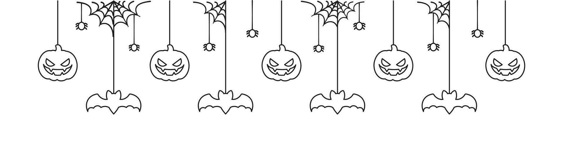 Happy Halloween banner or border with spider web, bats and jack o lantern pumpkins outline doodle. Hanging Spooky Ornaments Decoration Vector illustration, trick or treat party invitation