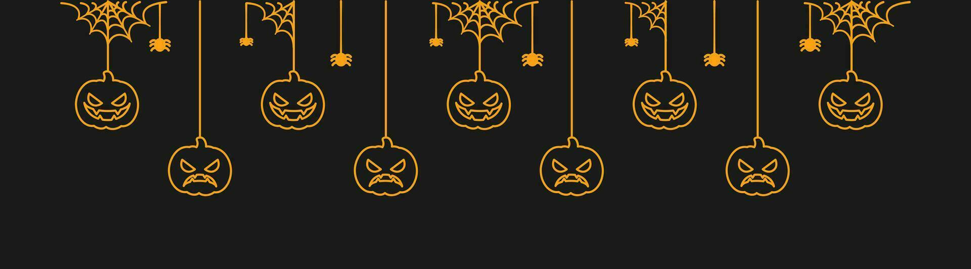 Happy Halloween banner or border with glowing jack o lantern pumpkins. Hanging Spooky Ornaments Decoration Vector illustration, trick or treat party invitation