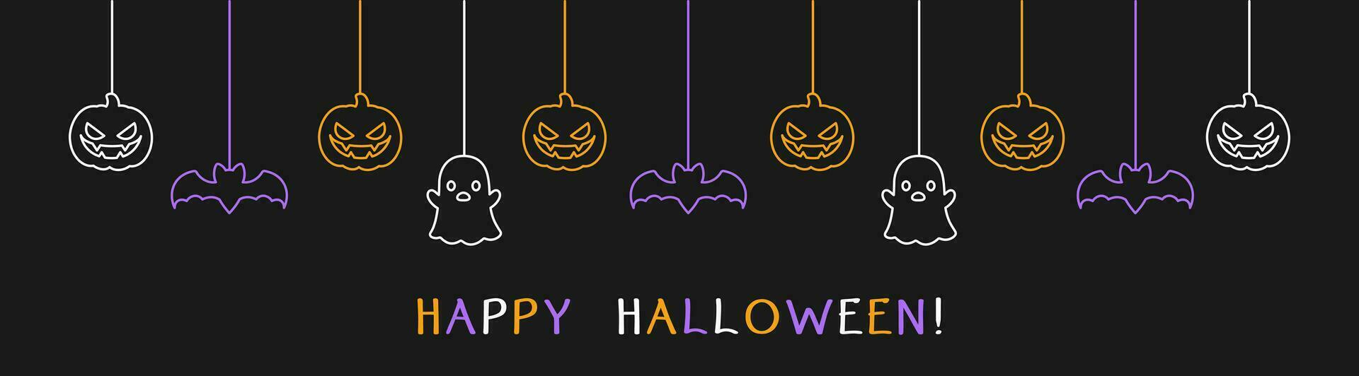 Happy Halloween banner or border with bats, ghost and jack o lantern pumpkins. Glowing Hanging Spooky Ornaments Decoration Vector illustration, trick or treat party invitation