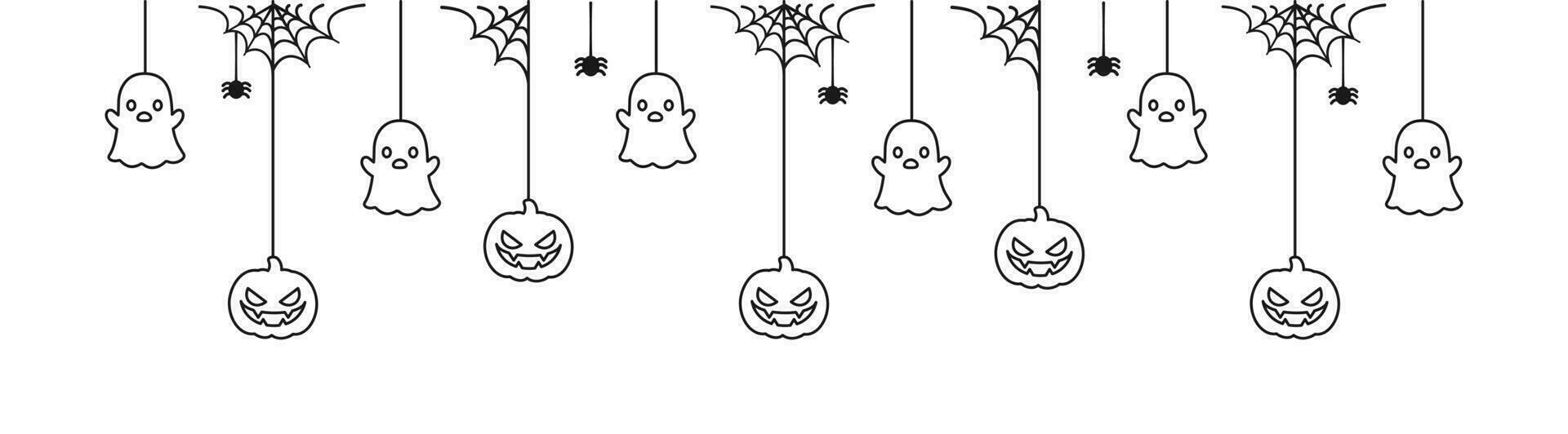 Happy Halloween banner or border with ghost and jack o lantern pumpkins outline doodle. Hanging Spooky Ornaments Decoration Vector illustration, trick or treat party invitation
