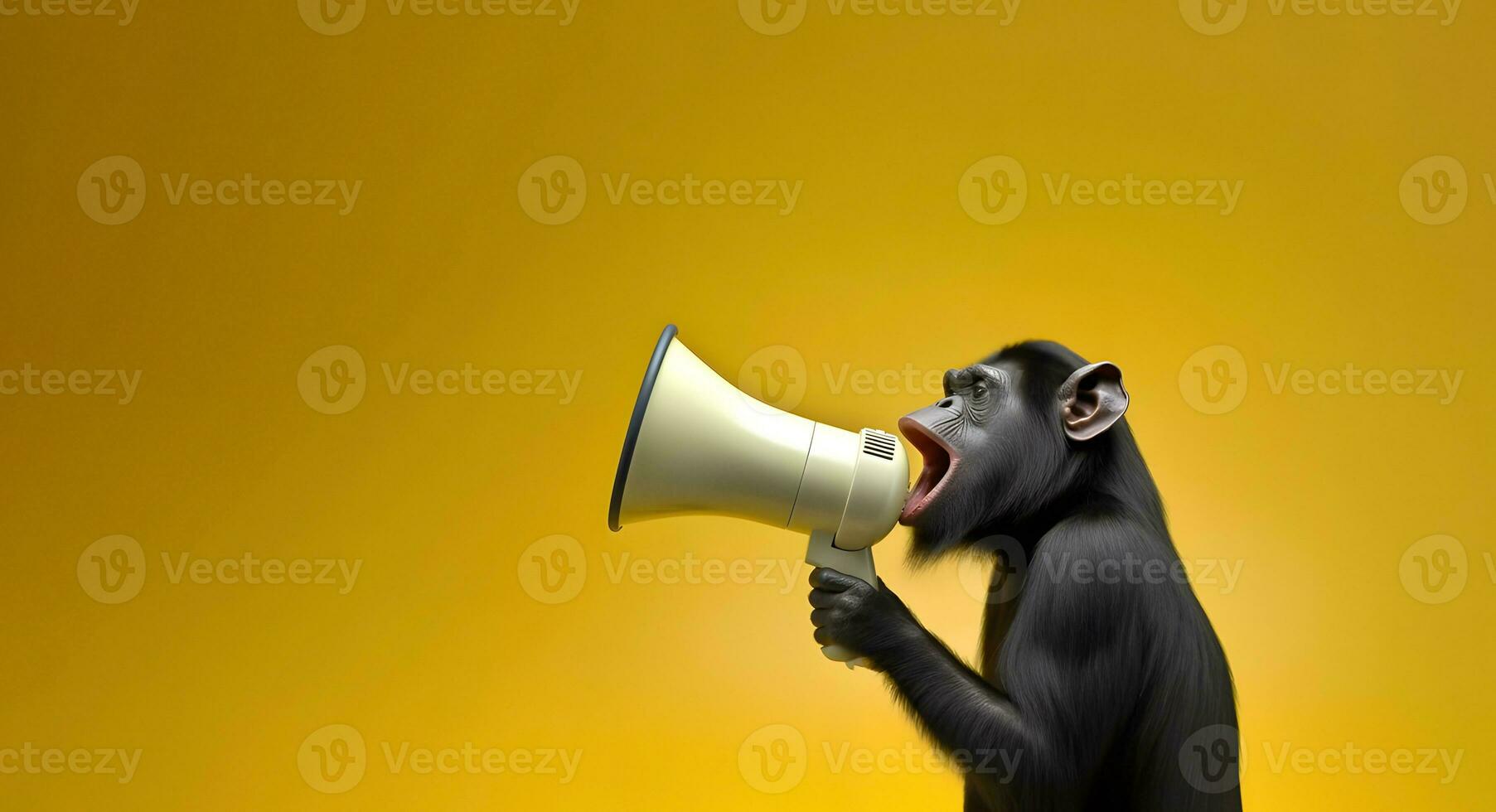 Chimpanzee monkey announcing using hand speaker. Notifying, warning, announcement photo