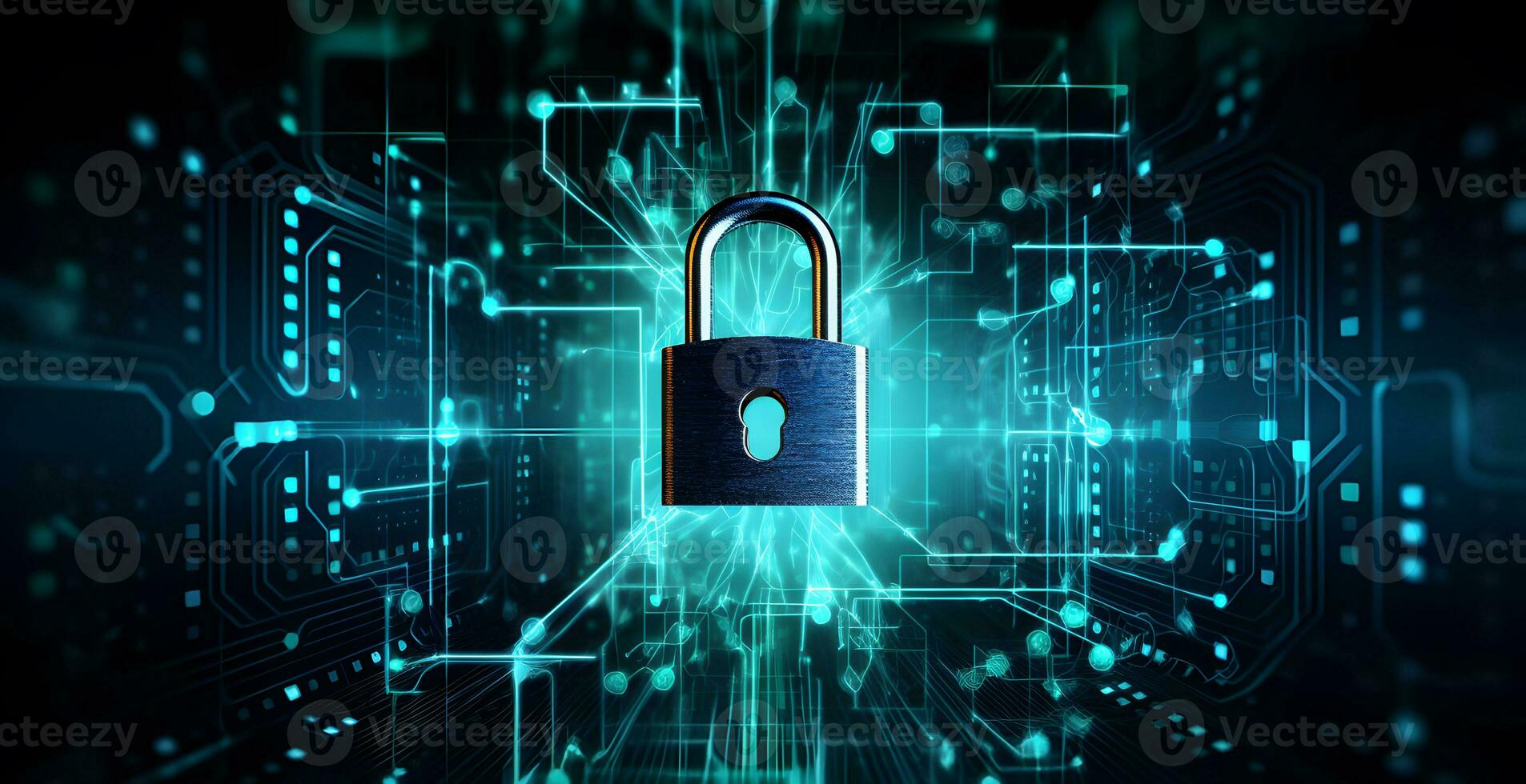 Lock on circuit pattern. Concept of data security and cybersecurity photo