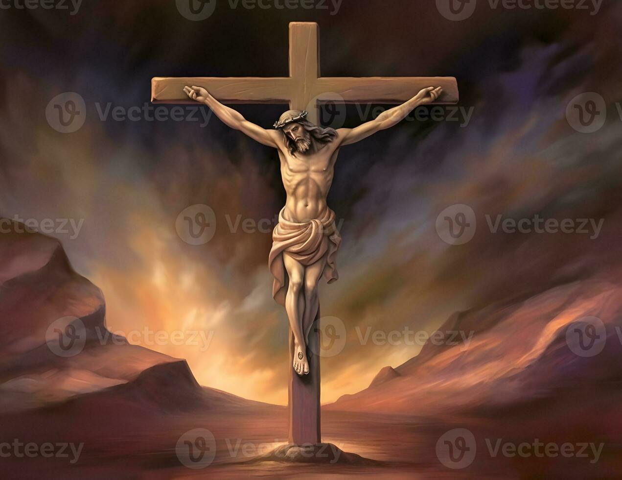 Crucifixion of Jesus Christ at the cross on the mountain. photo