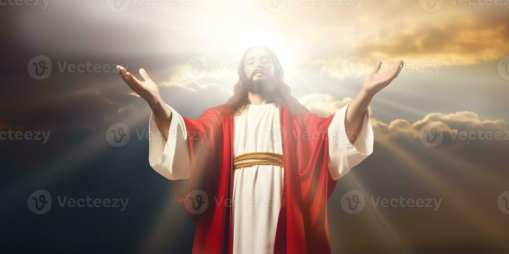 Resurrected Jesus Christ with background of sun rays and clouds. photo