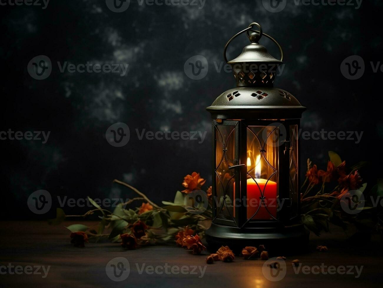 Beautiful lantern with a candle on it in front of a dark background generative ai photo