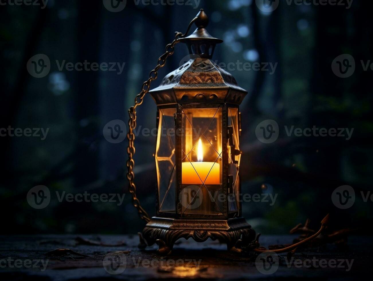Beautiful lantern with a candle on it in front of a dark background generative ai photo