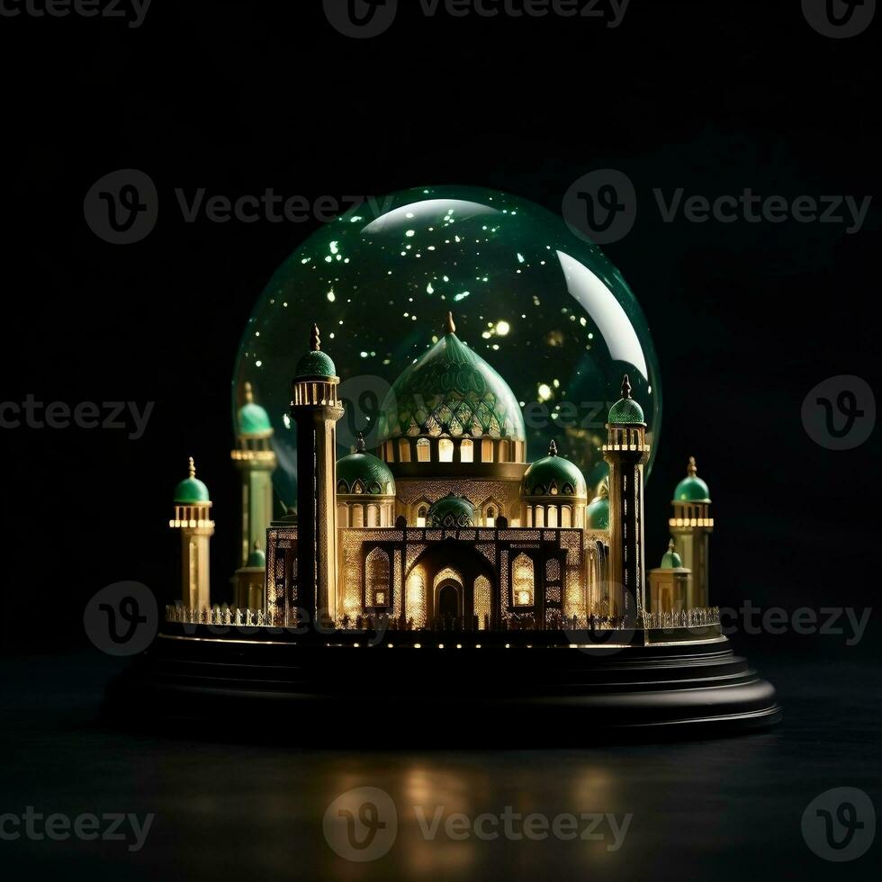 Beautiful mosque with a green dome isolated on black background generative ai photo