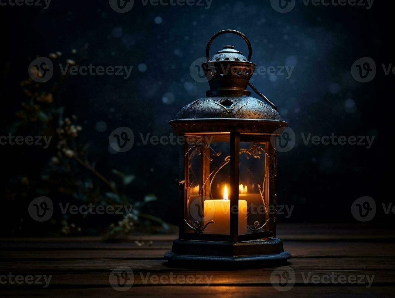 Beautiful lantern with a candle on it in front of a dark background generative ai photo