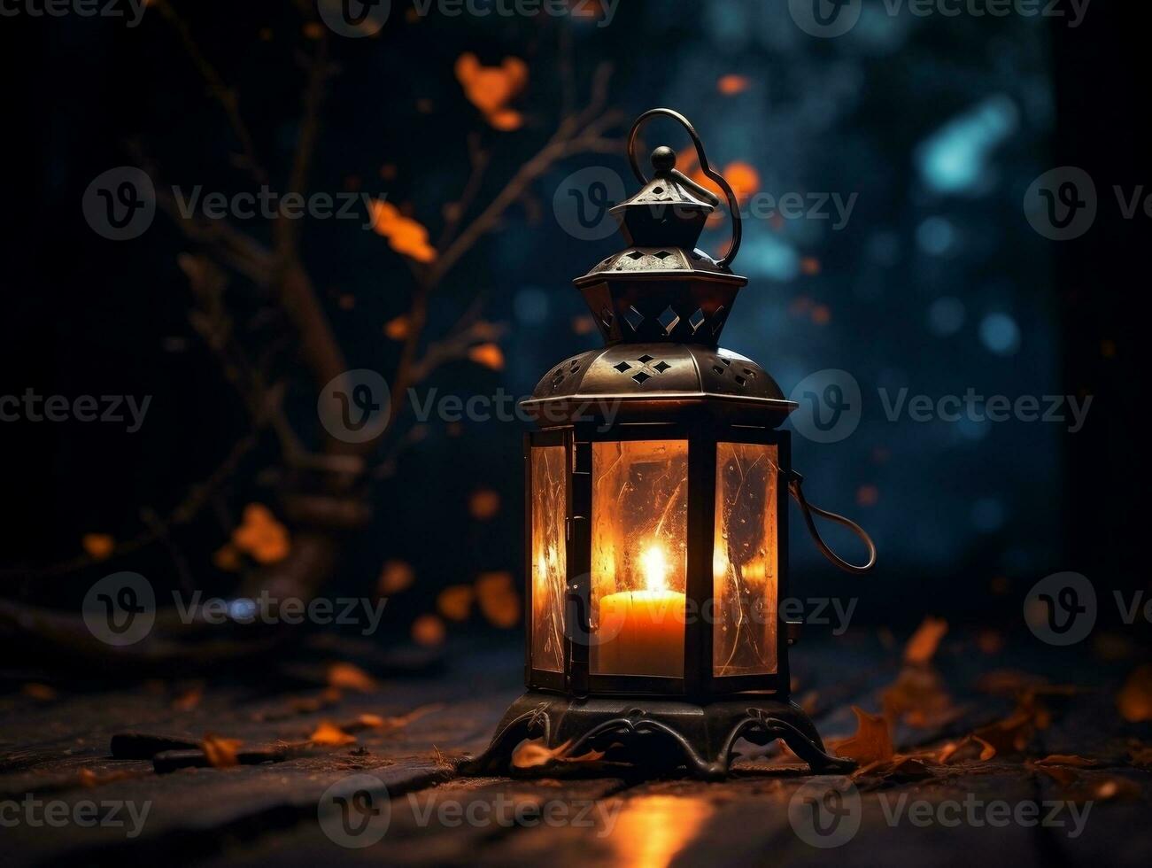 Beautiful lantern with a candle on it in front of a dark background generative ai photo