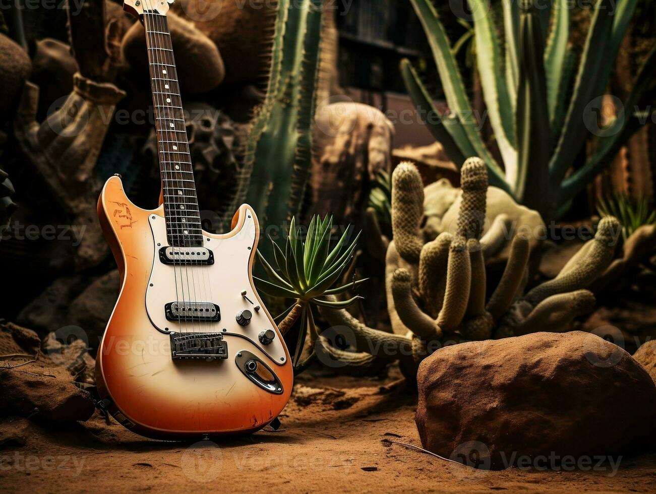 A guitar lying on the ground next to a cactus generative ai photo