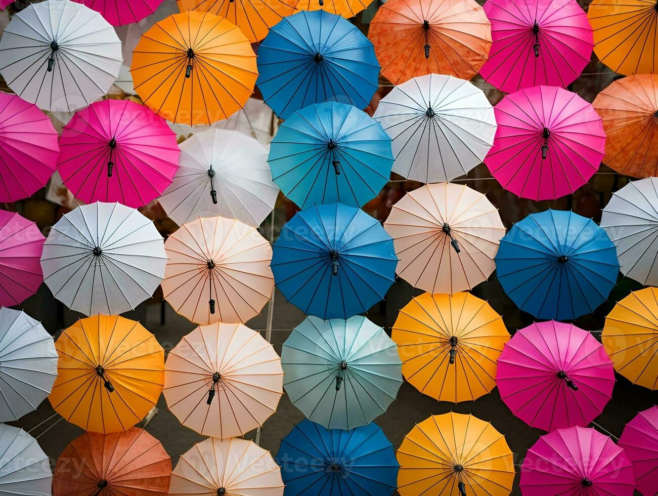 Colorful banner with a bunch of paper umbrellas generative ai photo