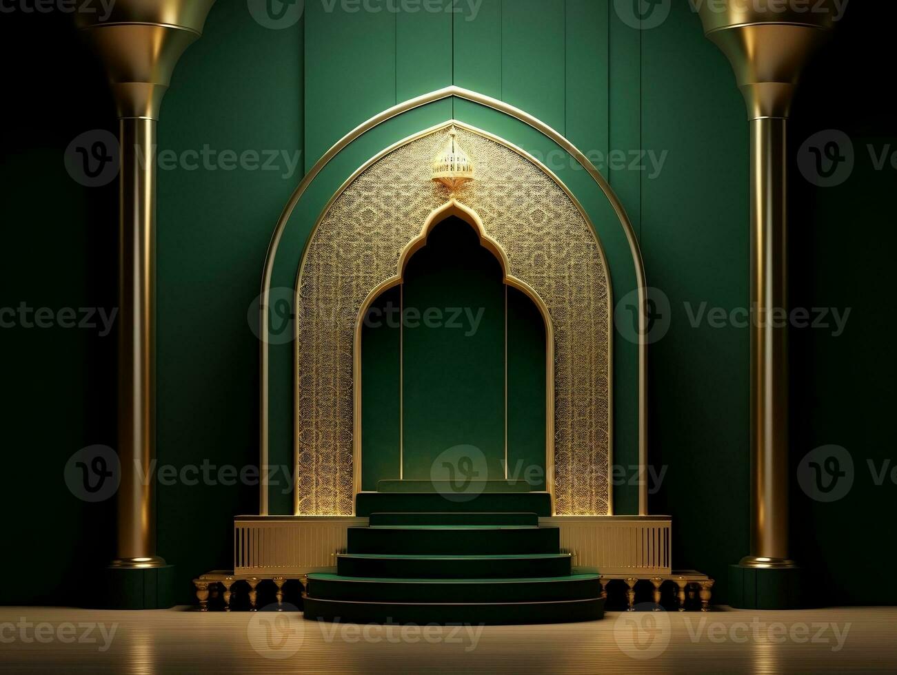 Islamic podium in green and gold generative ai photo