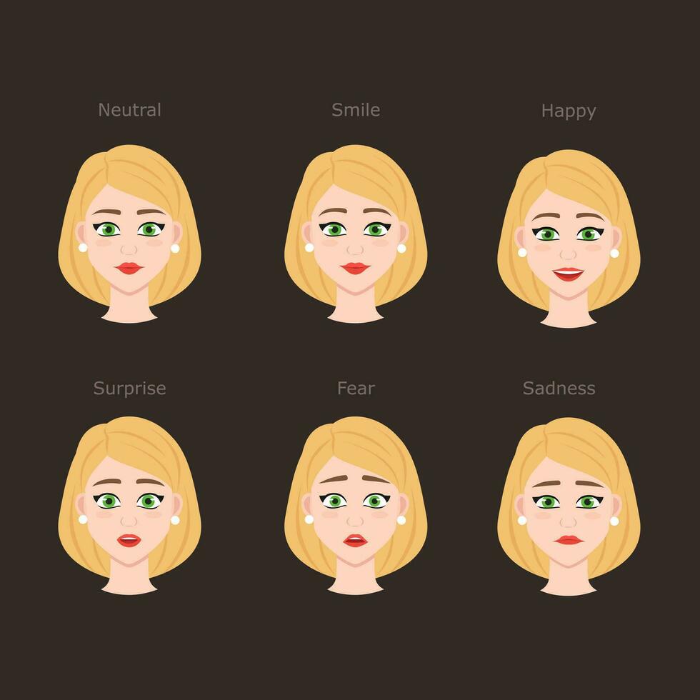Character girl faces set. Pack of women emotions for animation, game, education or advertisign. Avatar of beautifull lady vector