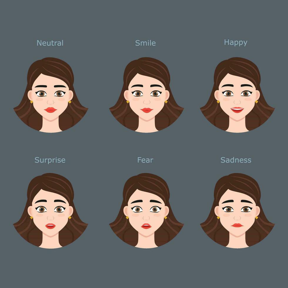 Character girl faces set. Pack of women emotions for animation, game, education or advertisign. Vector portrait collection of beautifull lady