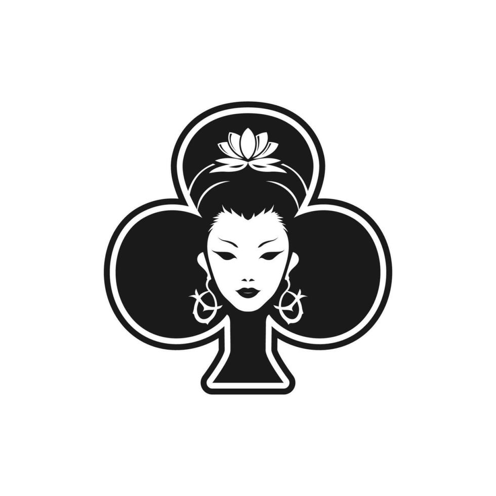Beautiful Face Geisha of Clubs Card Poker Card Logo, Geisha Face in Clubs Playing Cards Symbol Vector Design