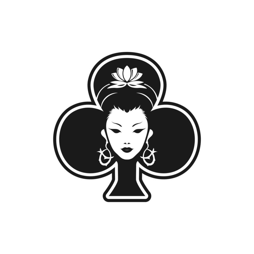 Beautiful Face Geisha of Clubs Card Poker Card Logo, Geisha Face in Clubs Playing Cards Symbol Vector Design