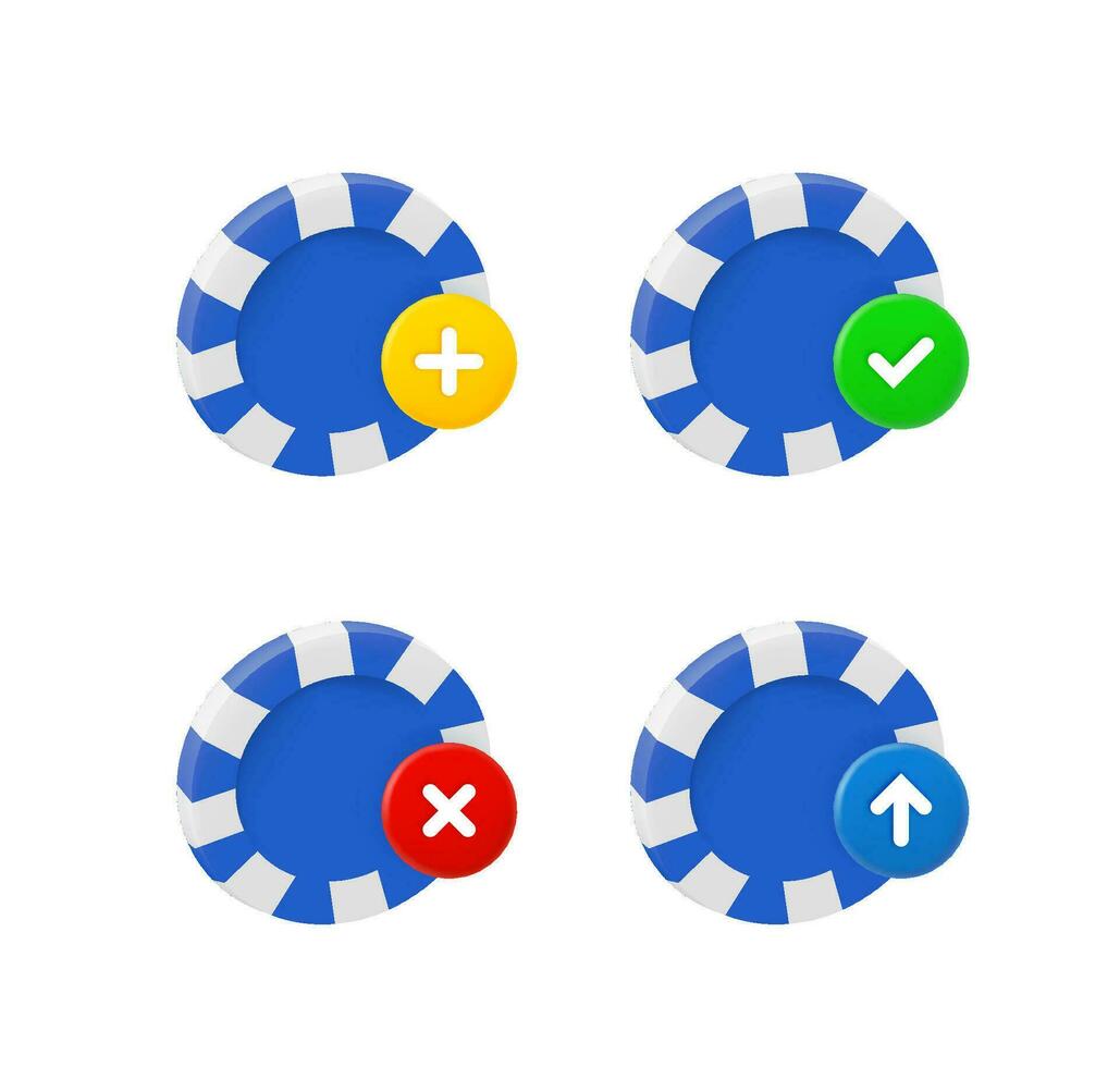 Casino chip set with different pictograms. 3d vector icons set