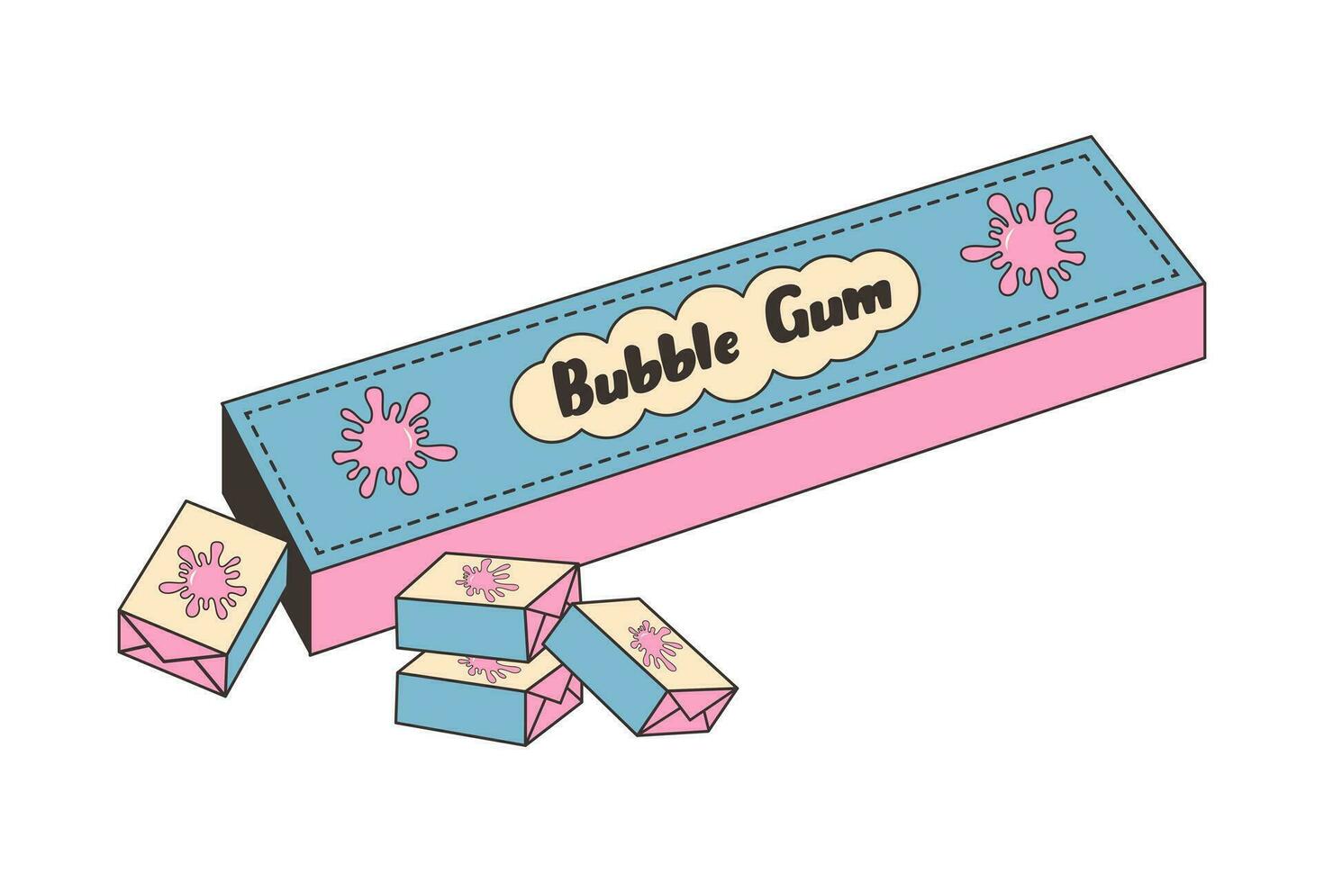 Bubble gum in pack. Retro 80s or 90s cute and sweet chewing candies. Y2k trendy sticker, fashion patch, badge, emblem. vector