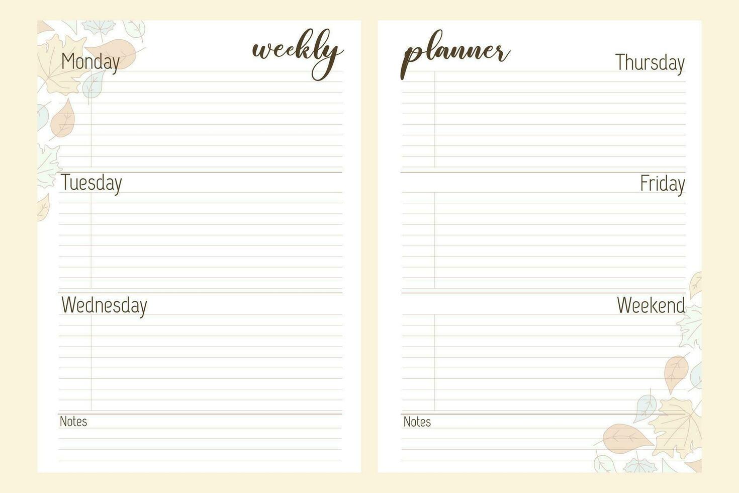 Weekly planner template with Fallen leaves. Printable Vector Autumn notebook sheets for planning with space for Notes. Cute Blank pages for Journal or Diary. Pastel colors collection.