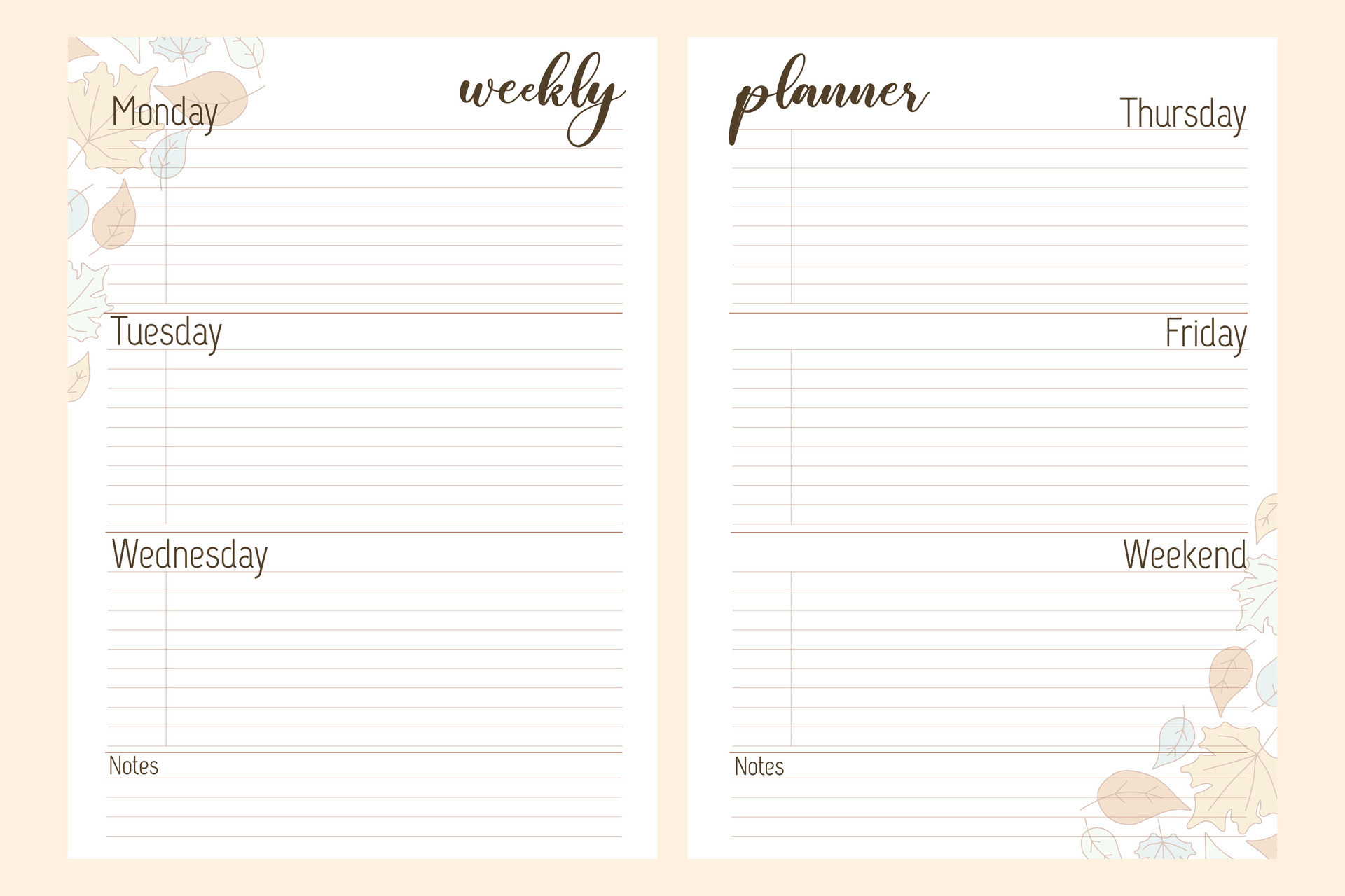 Weekly planner template with fallen leaves printable vector autumn