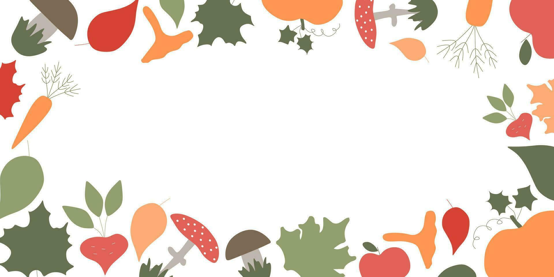 Autumn Flat and Linear frame with mushrooms, harvest and Fall. Vector illustration with Copy space, Seasonal border with Pupmkin, Leaves, Carrot. Design element for Poster, Banner, Card.