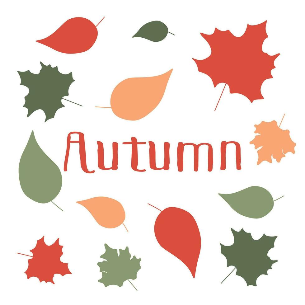 Autumn Leaves flat set with text or lettering. Vector Cartoon collection of seasonal Design elements isolated on white. Autumnal fall foliage for banner, season sale, decoration, school decor.