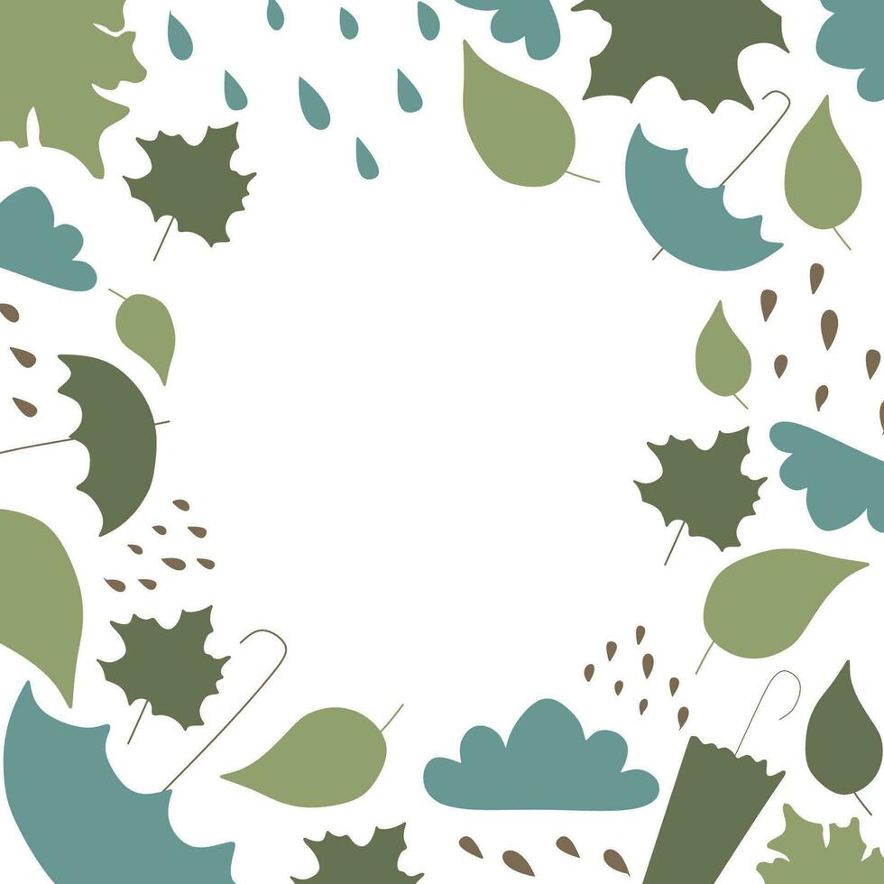 Rainy Frame with Space for text. Vector flat illustration with Rain, Umbrella and Leaves. Autumn green and Blue weather border with Blank Copy space for Postcard, Card, Poster, Placard, Tag, Banner.