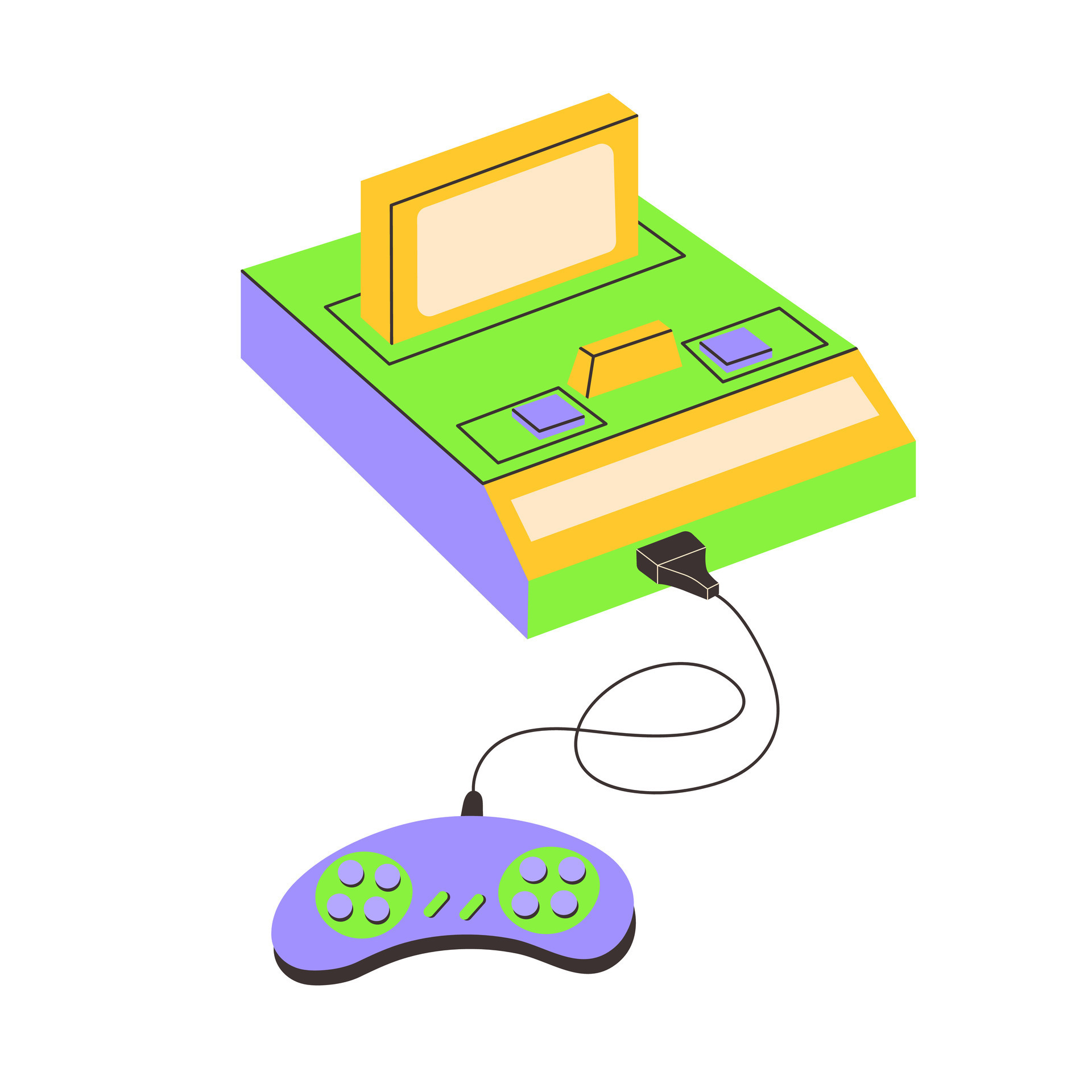 Retro game console with joystick. Gamepad. Old vintage device 80s, 90s