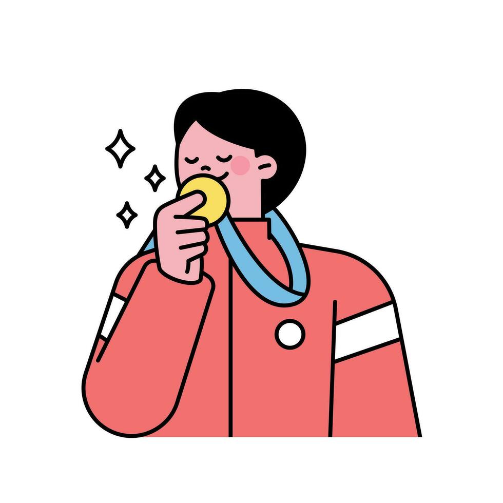 An athlete sniffs and rejoices with a gold medal hanging around his neck. vector