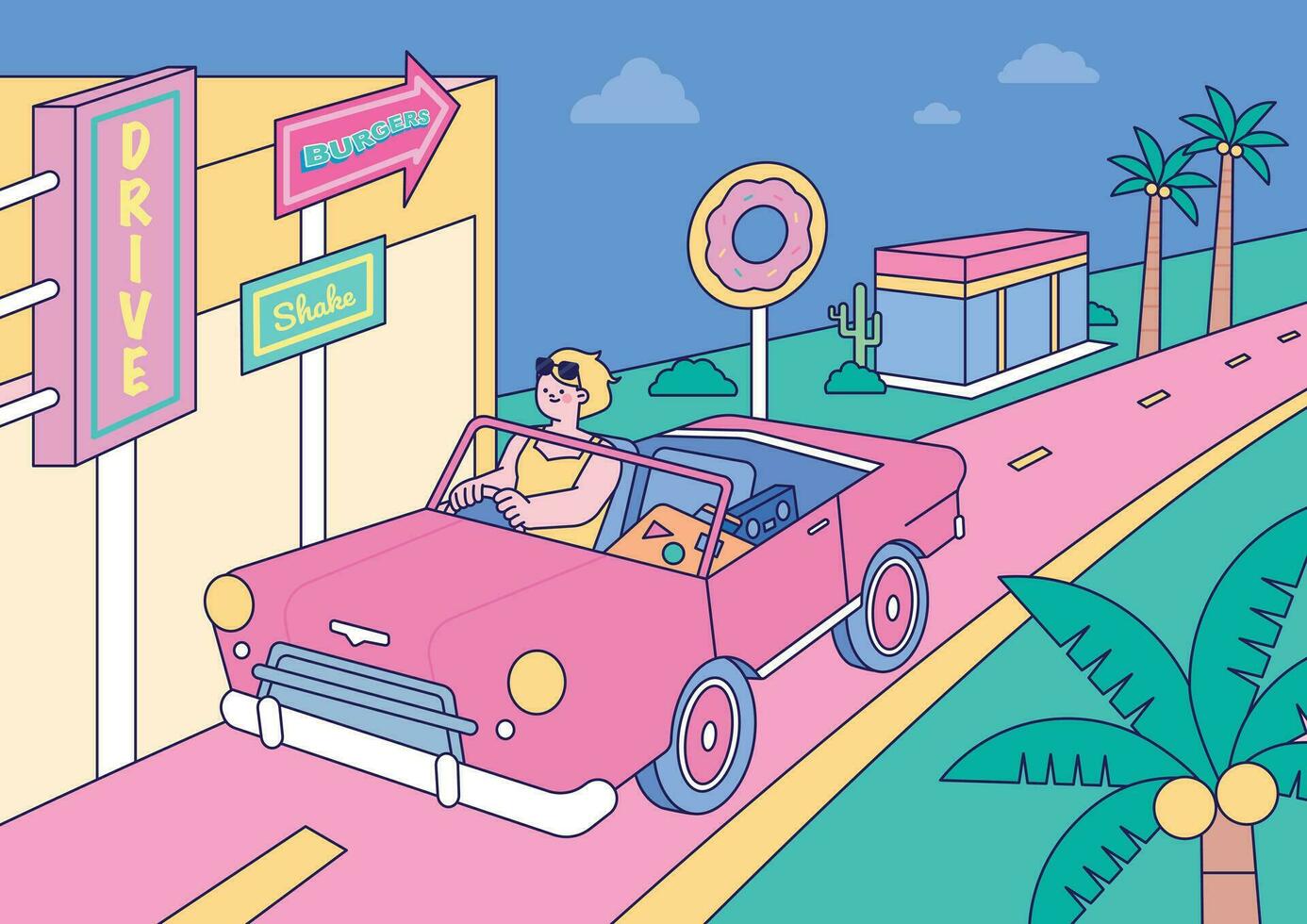 summer vacation car trip. A woman in a convertible is driving down a funky road with neon signs. vector