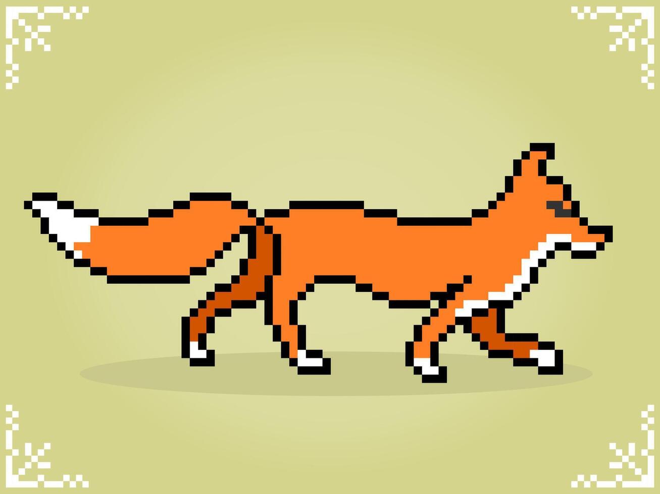 Fox is walking in 8 bit pixel art. Animal for game asset and cross stitch pattern in vector illustration.