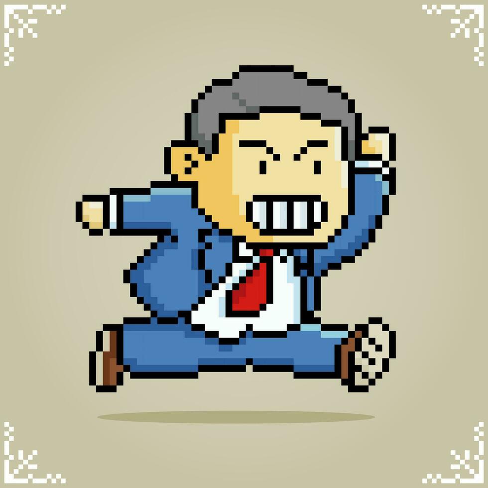 male character is running in 8 bit pixel art. Human pixels in vector illustration for game assets or cross-stitch pattern.