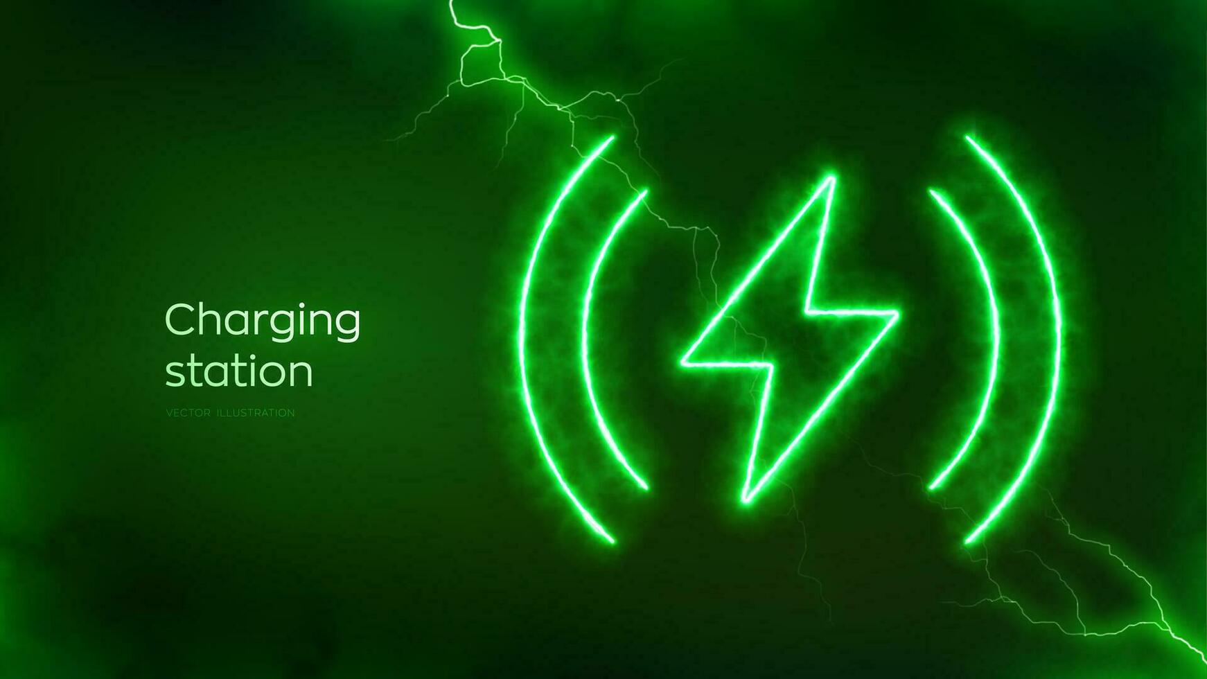 Wireless charging icon with electrical energy glow effect. Fast charge symbol. Wireless charger concept. Inductive dock station for charging devices. Electric discharge effects. Vector illustration.