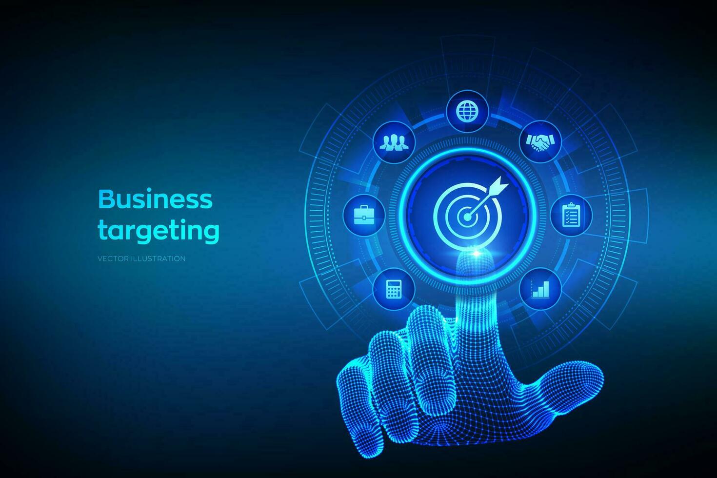 Business targetting. Planning development leadership. Customer Relation Management and customer target group concept on virutal screen. Wireframe hand touching digital interface. Vector illustration.