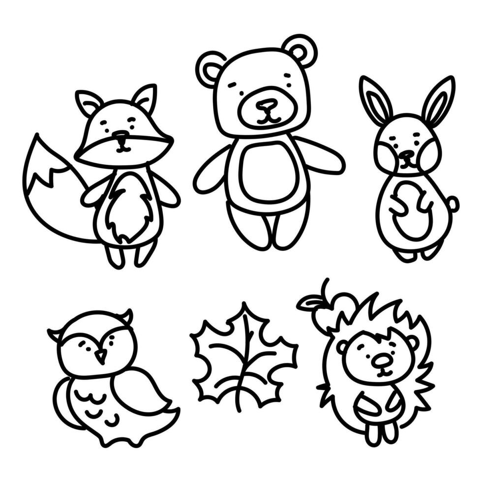A set of forest animals is a monochrome collection in the style of a sketch. Animals bear, fox, hare, hedgehog, owl, leaf. Cute hand-drawn cartoon illustration. Elements of doodles by hand vector