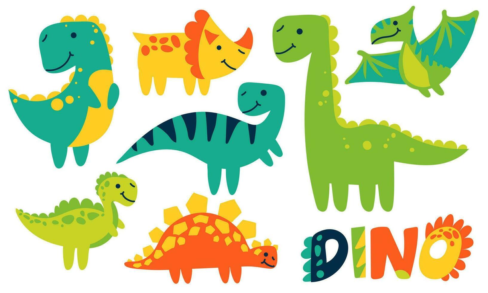 A set of cute colorful little dinosaurs and prehistoric elements. Dino's funny cartoon characters are perfect for postcards, wallpapers, posters, children's room, fabrics and textiles vector